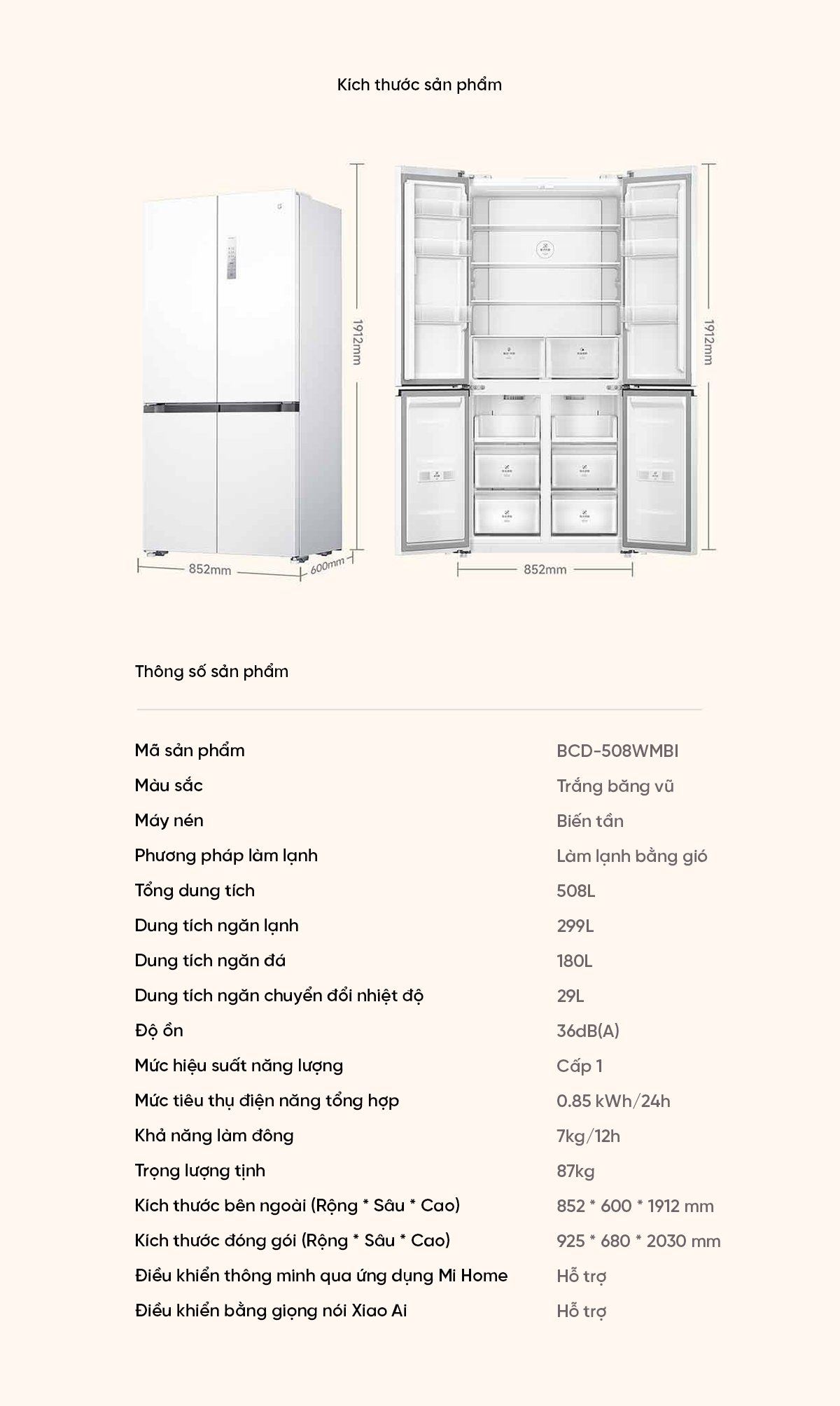 Tủ lạnh Xiaomi Mijia 508L siêu mỏng thiết kế âm tường
