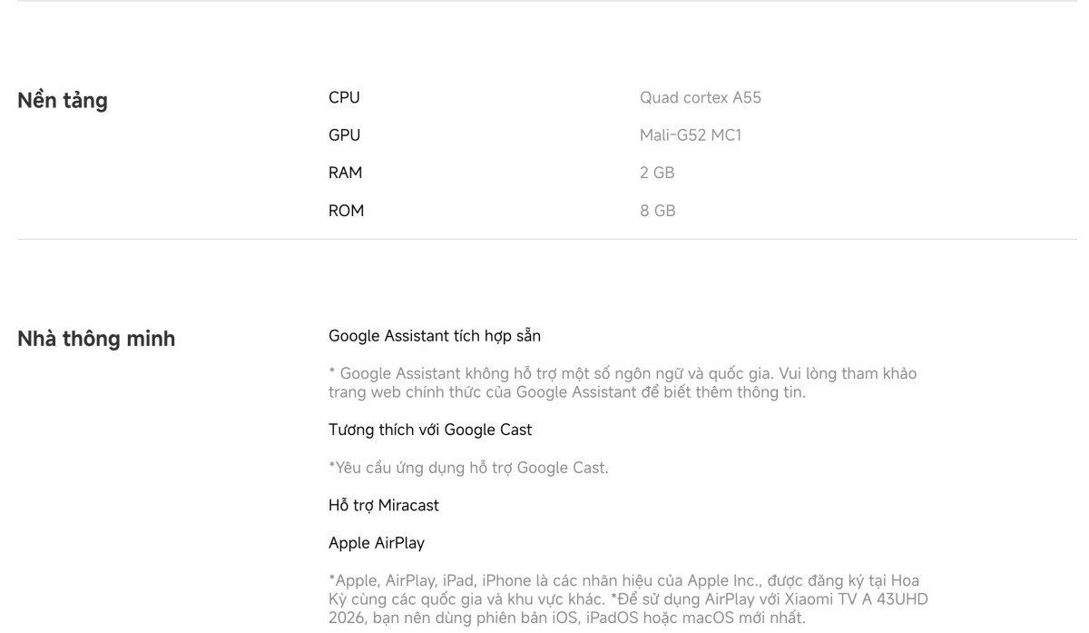 Tivi Xiaomi A 43 Inch - 2026 Bản Quốc Tế - FHD/60Hz - 1GB/8GB