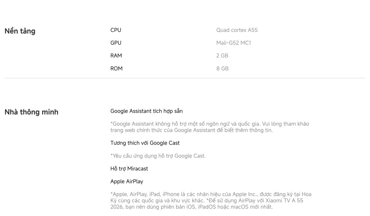 Tivi Xiaomi A 55 Inch - 2026 Bản Quốc Tế - 4K/60Hz - 2GB/8GB