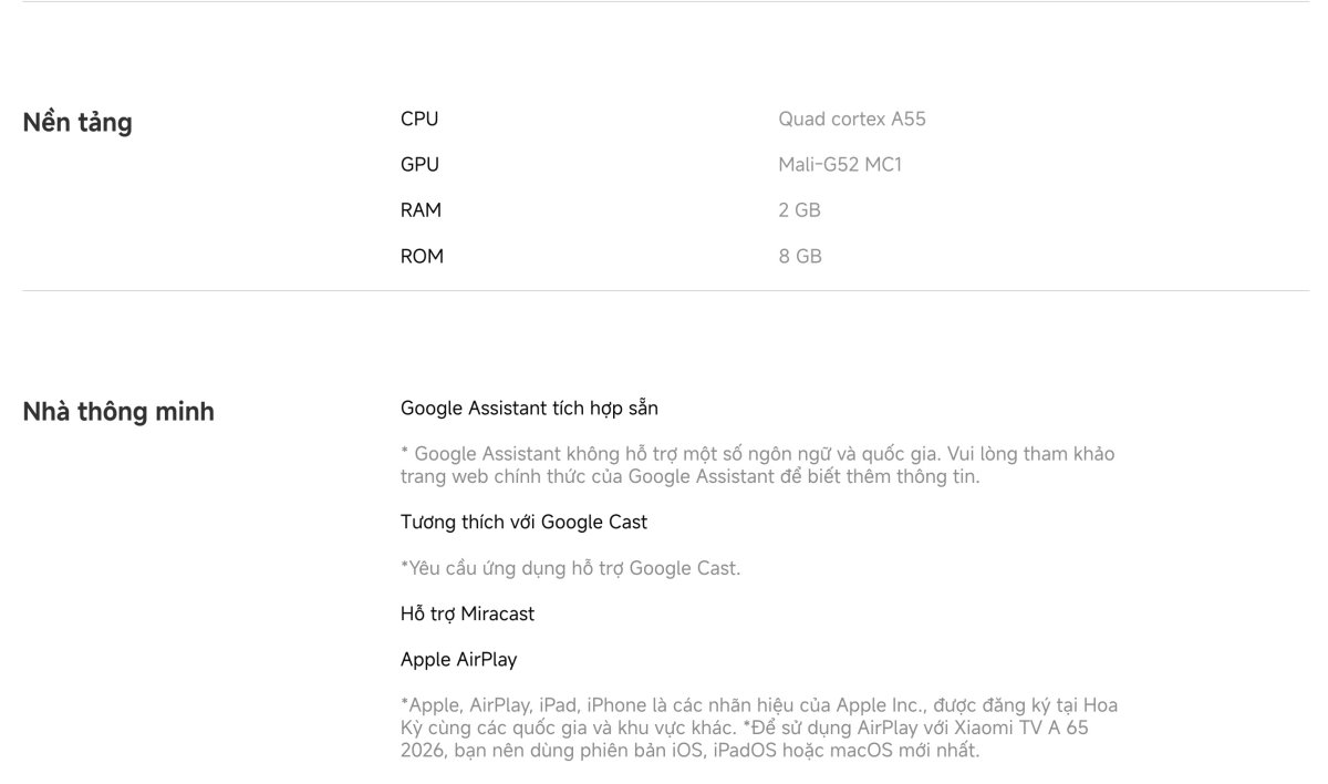 Tivi Xiaomi A 65 Inch - 2026 Bản Quốc Tế - 4K/60Hz - 2GB/8GB
