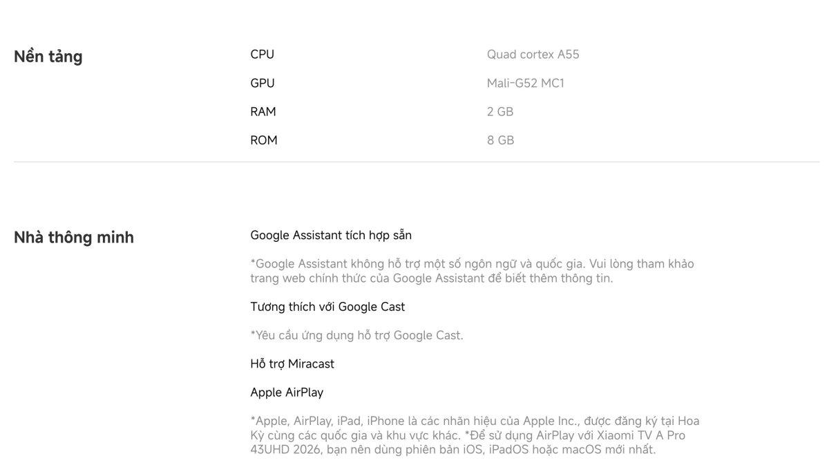 Tivi Xiaomi A Pro 43 Inch - 2026 Bản Quốc Tế - QLED 4K/60Hz - 2GB/8GB