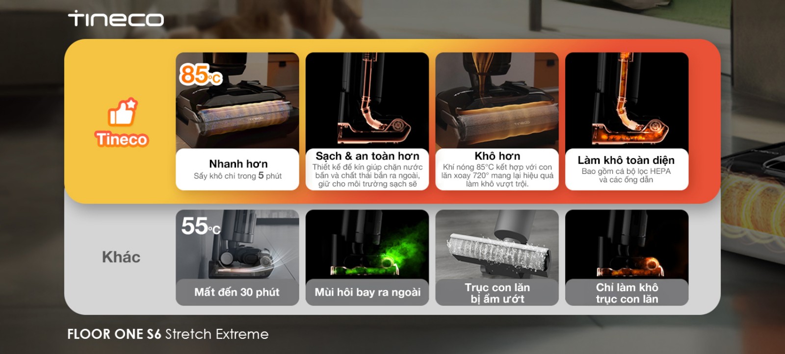 Tineco S6 Stretch Extreme gập nghiêng 180°