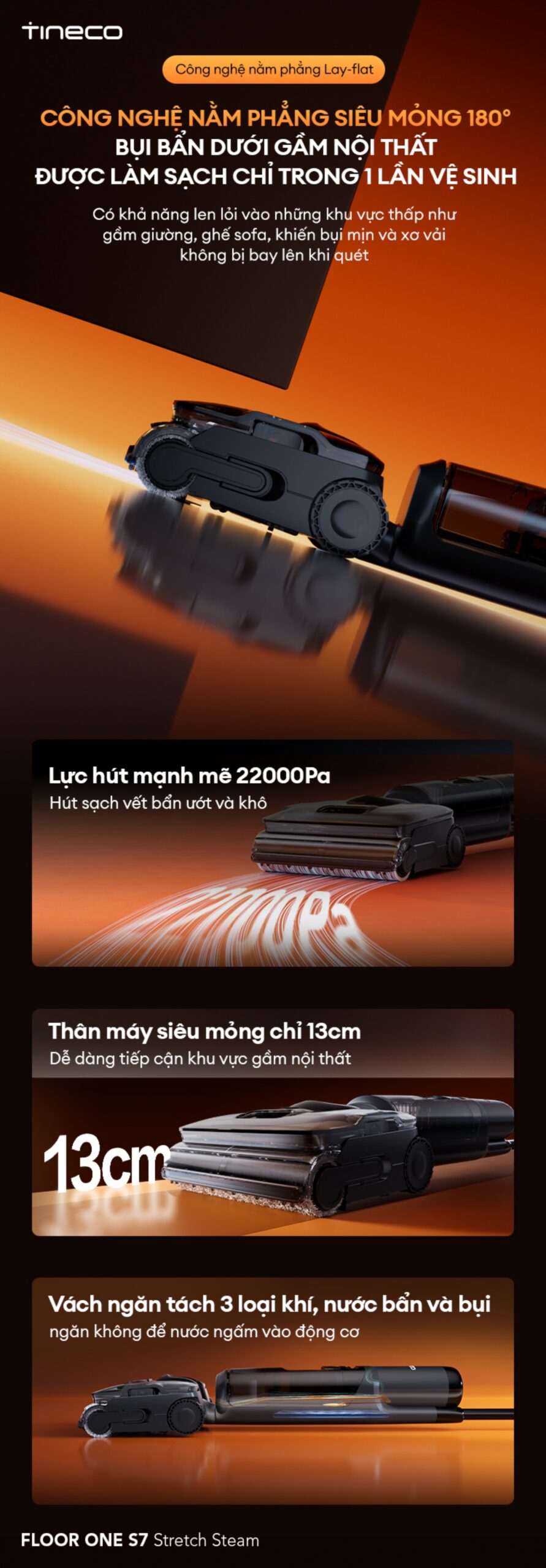 Tineco S7 Stretch Steam gập nghiêng 180°
