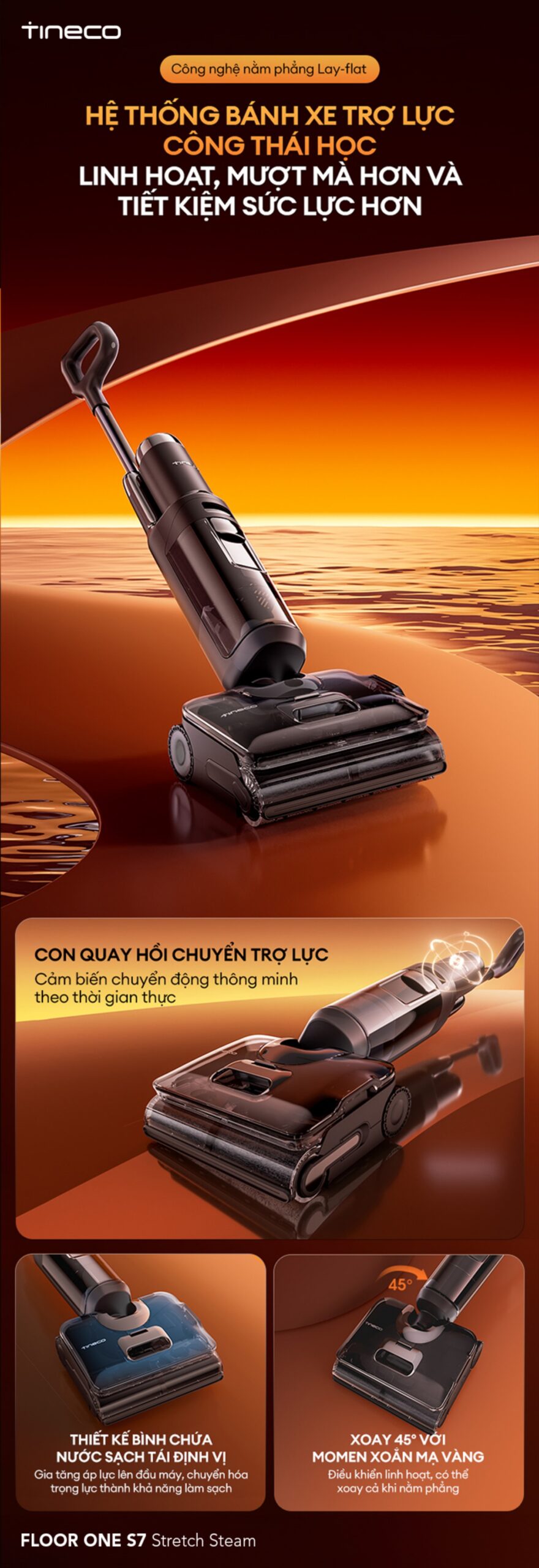 Tineco S7 Stretch Steam gập nghiêng 180°