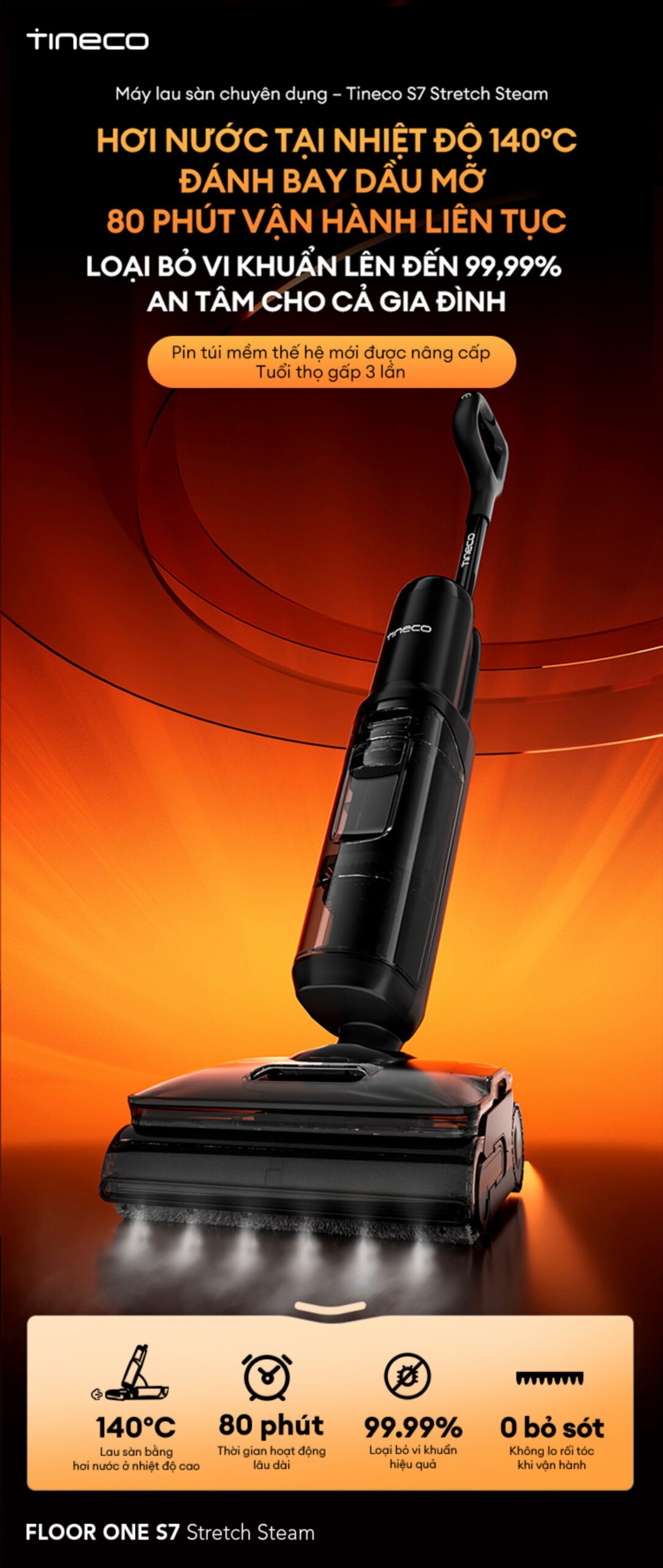 Tineco S7 Stretch Steam gập nghiêng 180°