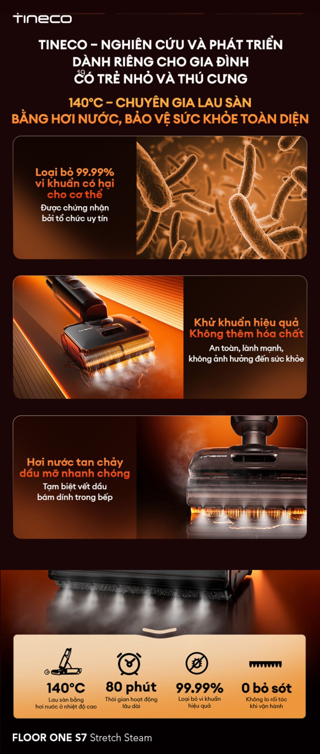 Tineco S7 Stretch Steam gập nghiêng 180°