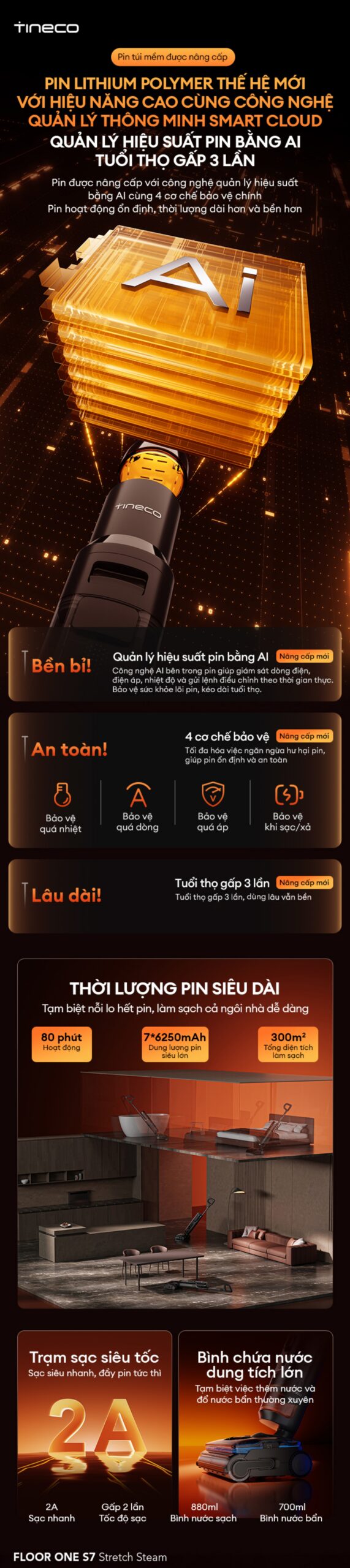 Tineco S7 Stretch Steam gập nghiêng 180°